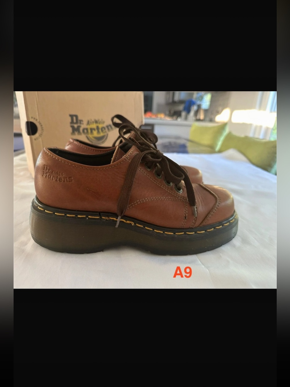 Doc. Martens Brown Leather Platform Derbyo Shoes with Yellow Welt Stitching SZ